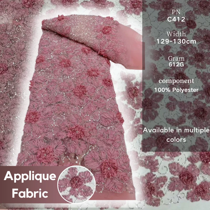 

Popluar Pink 3D Floral Applique Lace Fabric Sequins Beaded African High Quality For Sewing Wedding Women's Dress 5 Yards