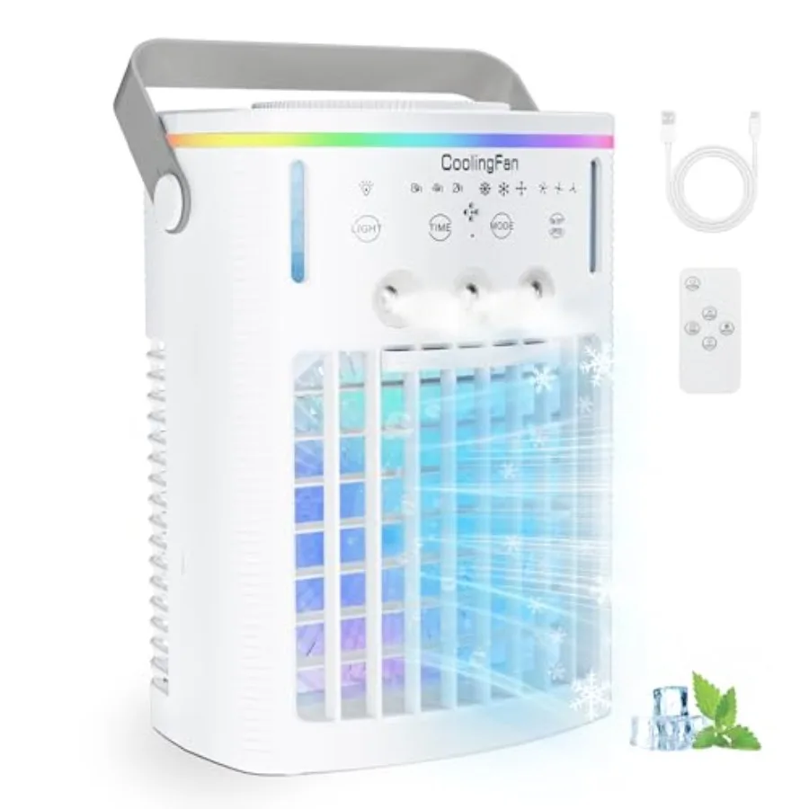

Portable air conditioner for bedroom office camping, evaporative cooler with humidifier, white plastic, 4-in-1 functionality, q