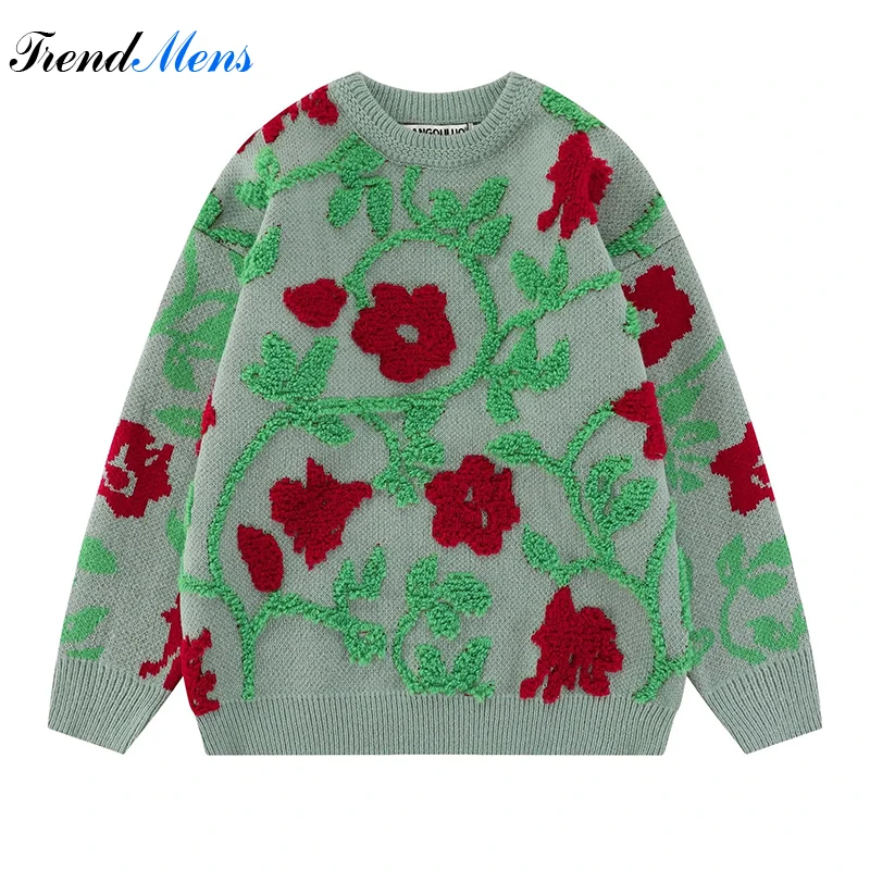 

Men's Large Flower Printed Sweater Soft Fashionable Comfortable Street Casual Knitwear Warm Round Neck Couple Pullover Listrado