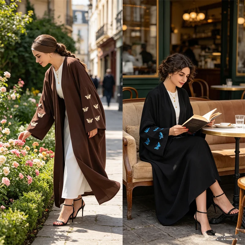 

Open Abaya Butterfly Embroidery Modest Casual Women Muslim Cardigan Maxi Dresses Turkey Arab Robe Dubai Islamic Kimono Eid Party