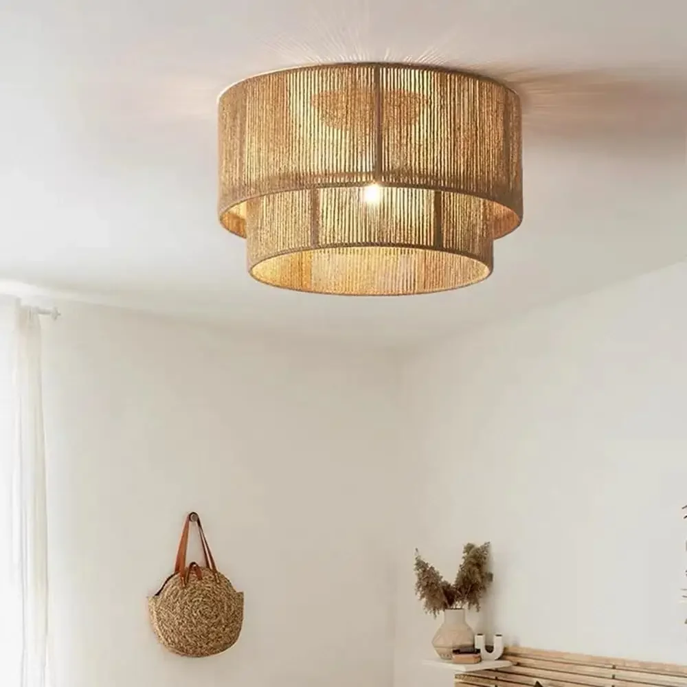 JOYINLED Traditional Artisan Made Hand-Woven Hemp Rope E27 Flush Mount Ceiling Light for Study, Balcony, Walk-in Closet, Bedroom