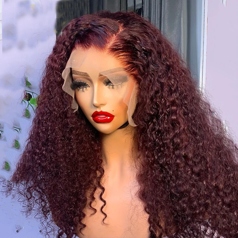 

Burgundy 180%Density 26Inch Long 99j Kinky Curly Natural Hairline Glueless Lace Front Wig For Black Women Babyhair Preplucked