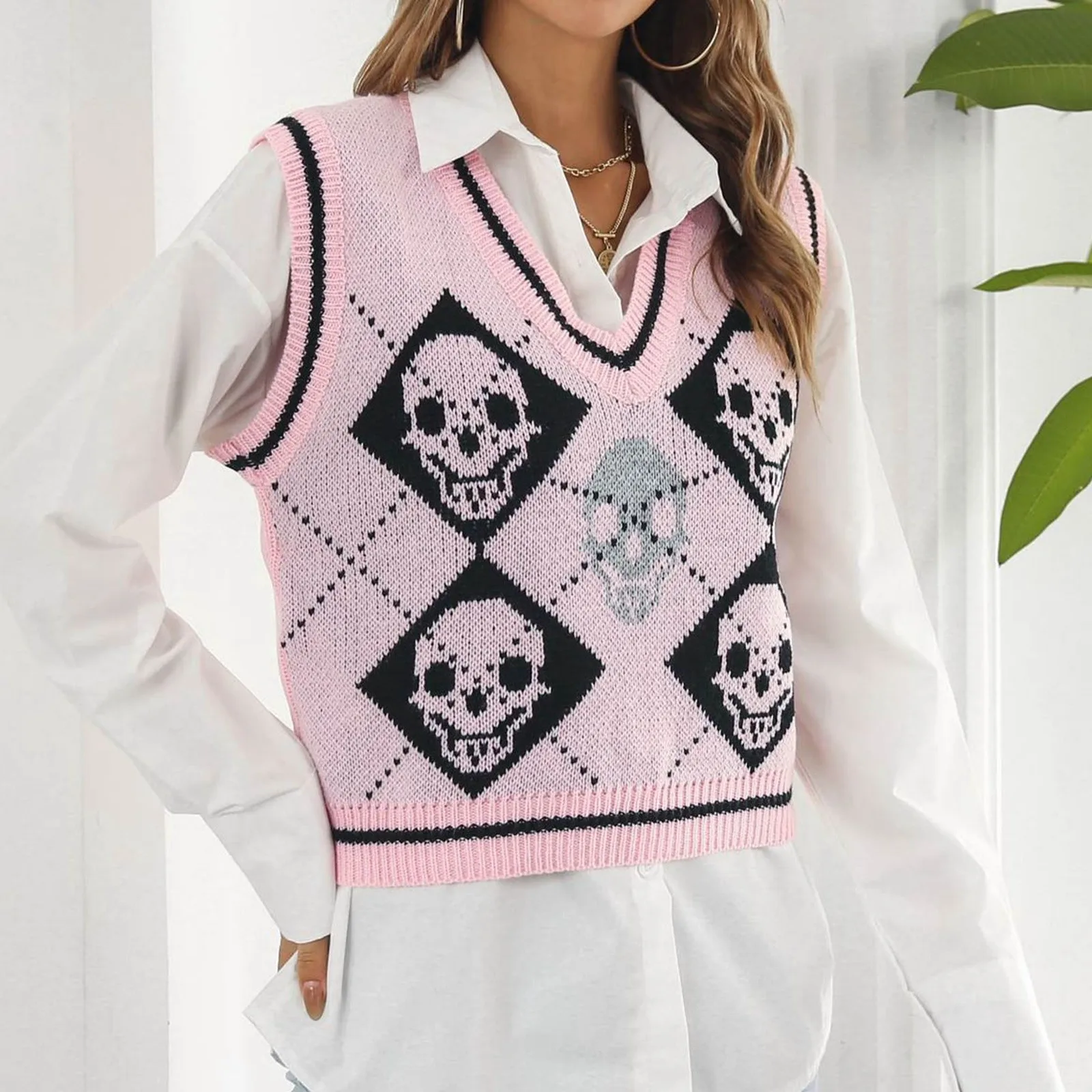 

Y2K Skull Argyle Print Pattern Knitwear Preppy Style Sleeveless V-neck Pullover Black/Pink Gothic Knit Sweater Vest Autumn