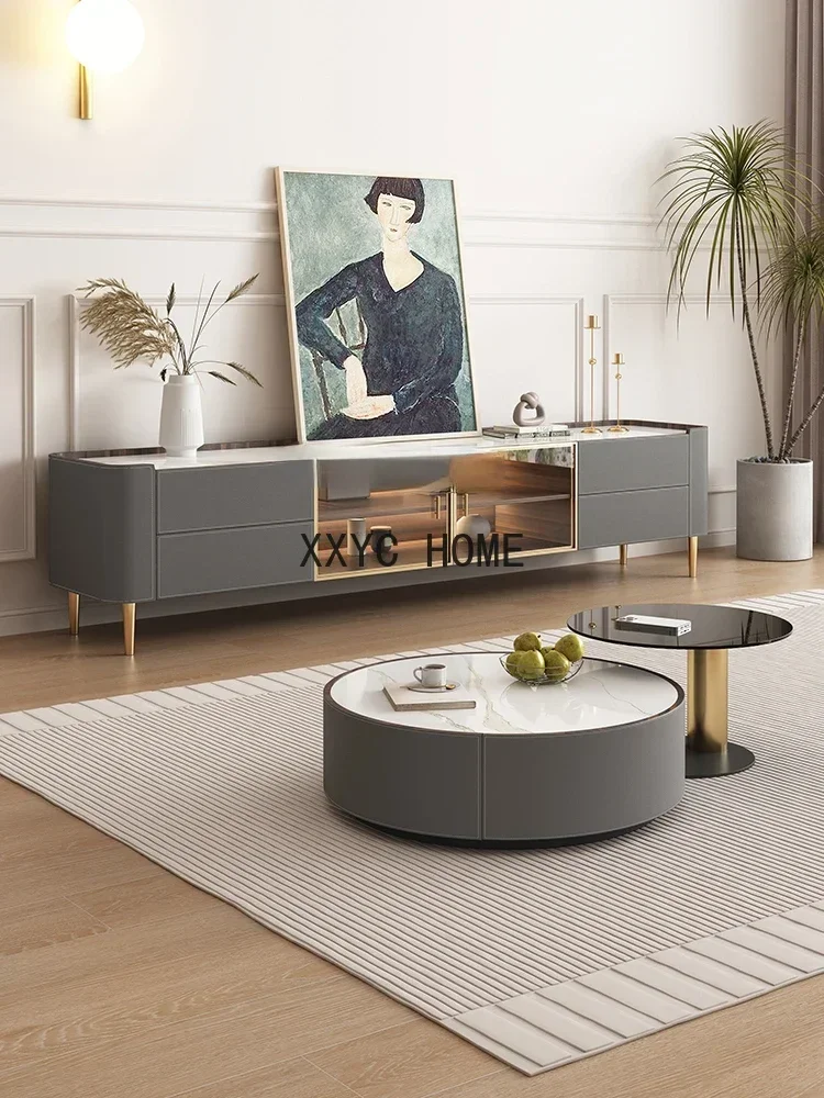 Tea Table Living Room TV Cabinet Saddle Leather Stone Plate Retractable Tea Table