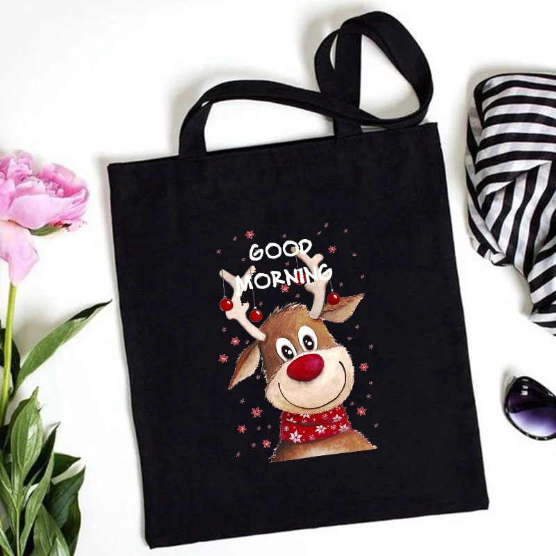 

Women Shopping Bags Female Canvas Cloth Shoulder Bag Deer Tree Print Storage Handbag Reusable Foldable Eco Totes Christmas Gifts