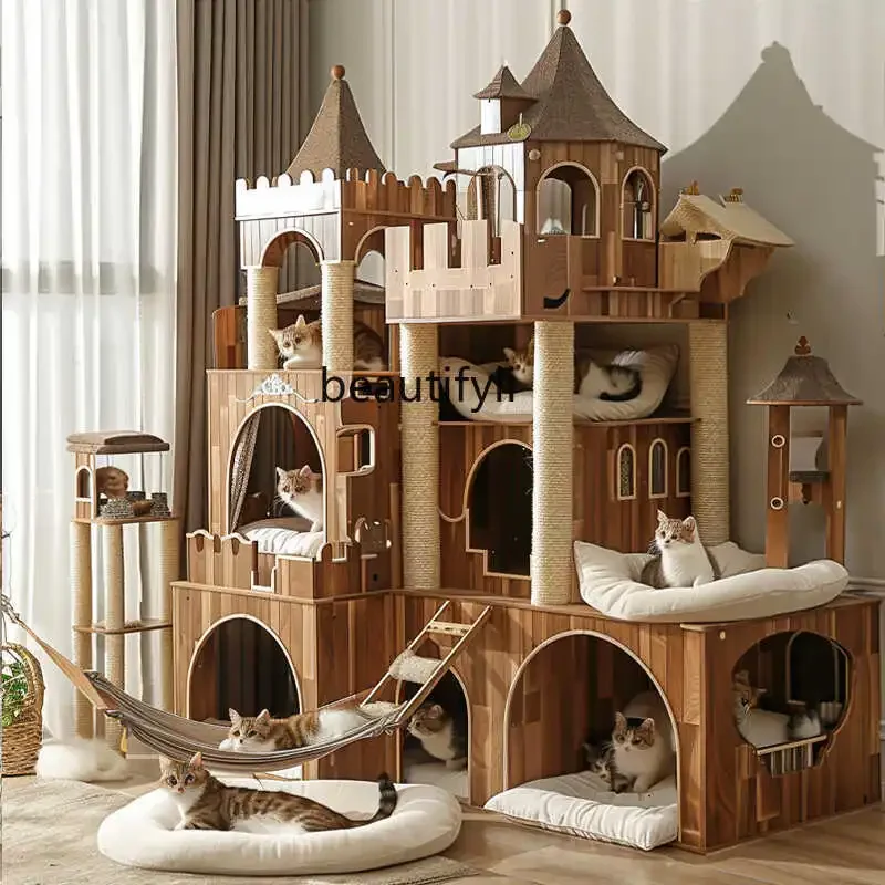 Large Solid Wood Cat Climbing Frame Cat Nest Integrated Luxury Villa Scratching Board Space Capsule Hammock Stairs Sisal Column