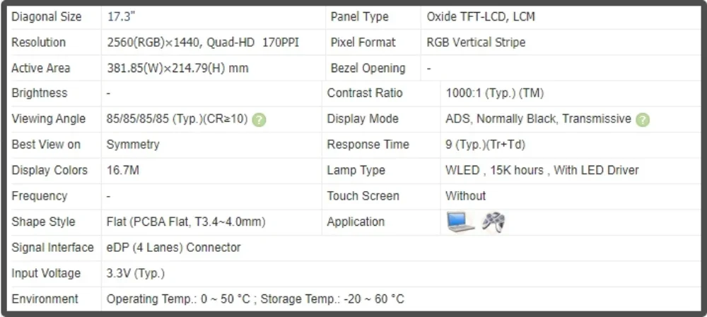 NE173QHM-NY9 17,3 inch LCD-scherm Laptopscherm IPS-paneel QHD 2560x1440 Niet-touch