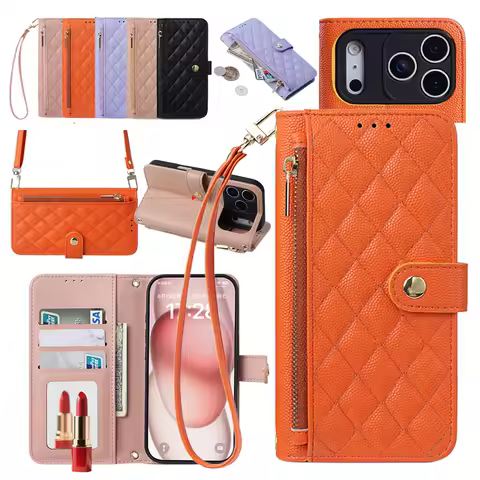 Crossbody Grid Wallet Case For iPhone Air 17 Promax 16 Plus 15 Pro Max 14 pro 13 Stand Leather Case Strap Mirror Cards Cash Slot