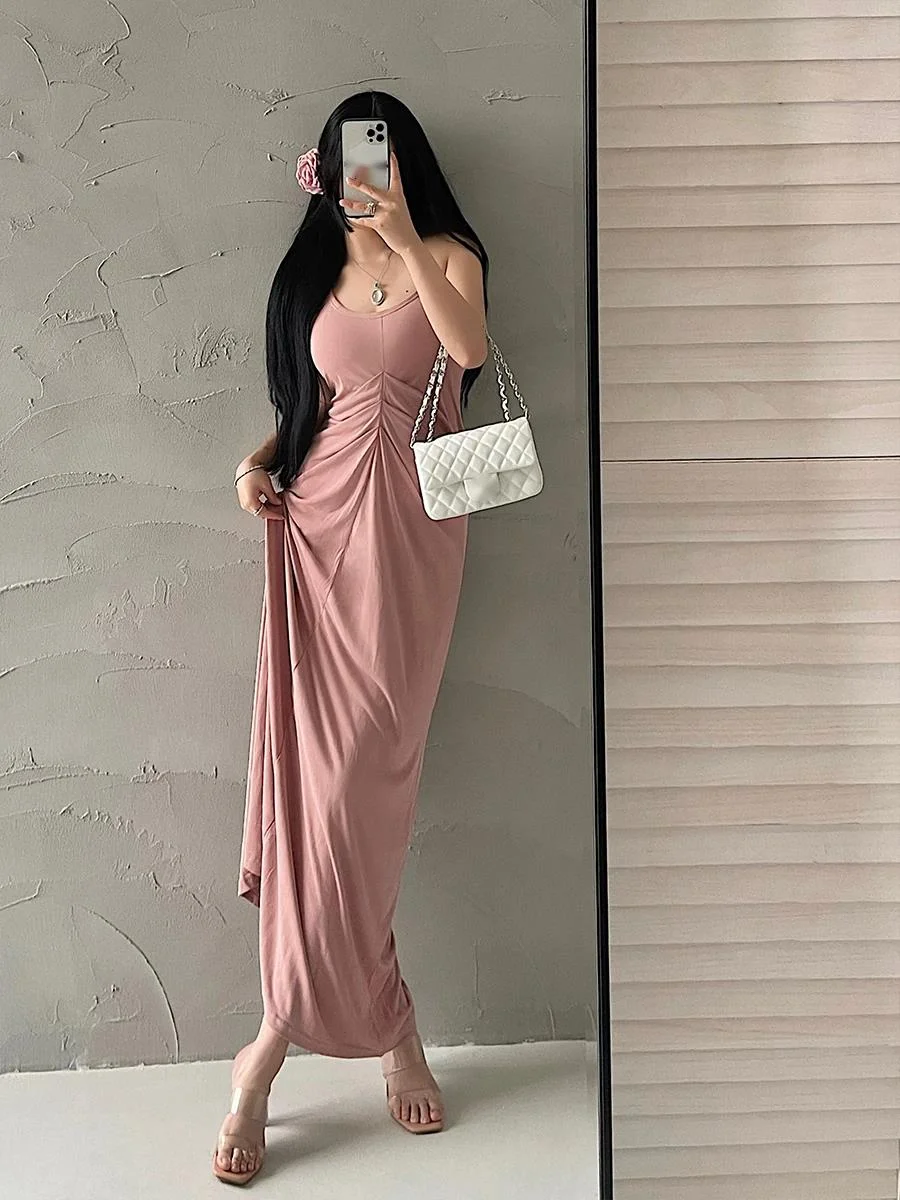 Wysokiej jakości Pure Desire Sexy Slim Folded Waist Tank Top Strap Dress Long Dress Elegant Fashion Sexy Korean Women Tops D7NF