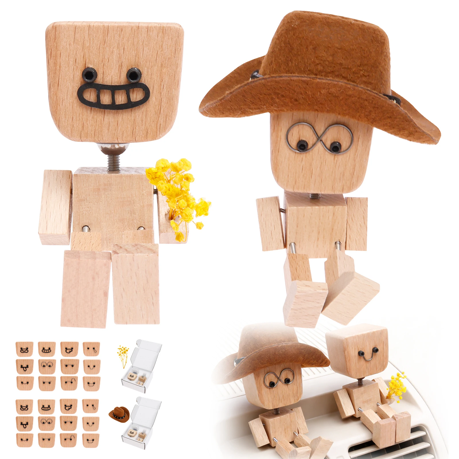 1/2 Pcs Shaking Man Statue Handmade Wooden Man Figurine with 12/24Pcs Expressions Charming Little Wood Figure That Sways for Car