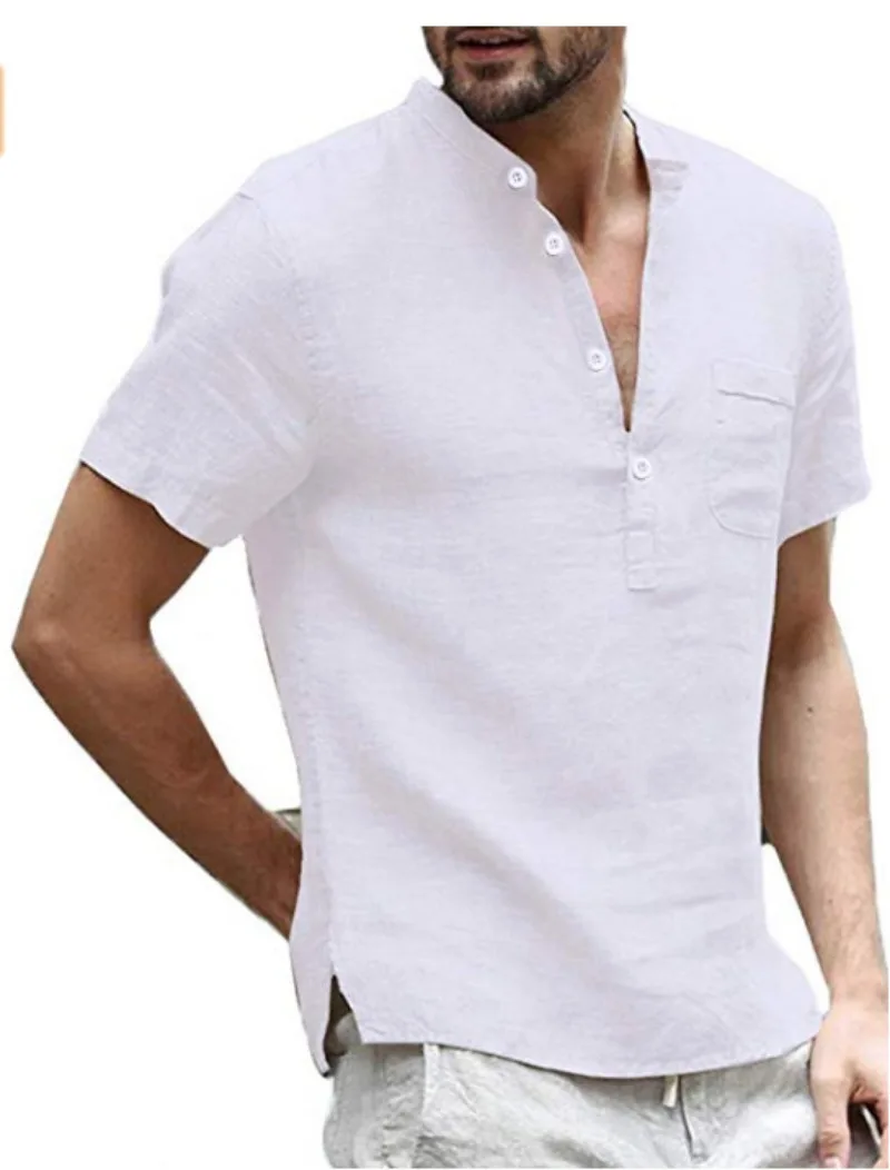 Summer New Cotton and Linen Short Sleeved Men's T-shirt Stand Up Collar Buckle Half Open Front Simple Short Sleeved Shirt S-5XL