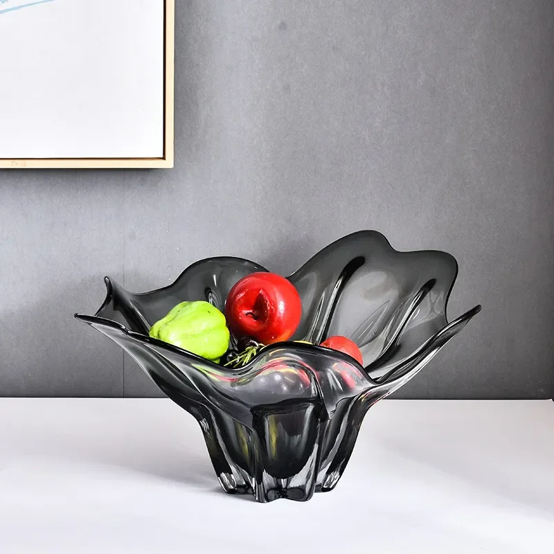 Modern Amber Glass Fruit Bowl Large Crystal Serving Plate European Style Daffodil Design Gold Accent Living Room Decor Tray