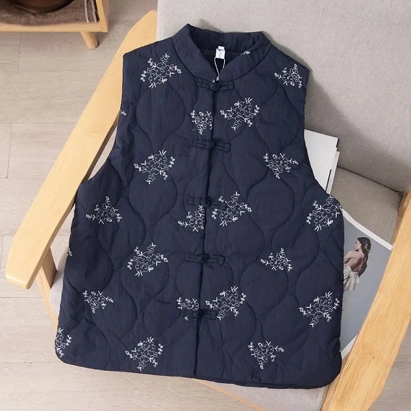 Chinese Style Winter Vest: Embroidery Cotton Waistcoat for Women, Thickened Warm Sleeveless Jacket with Traditional Buttons w196