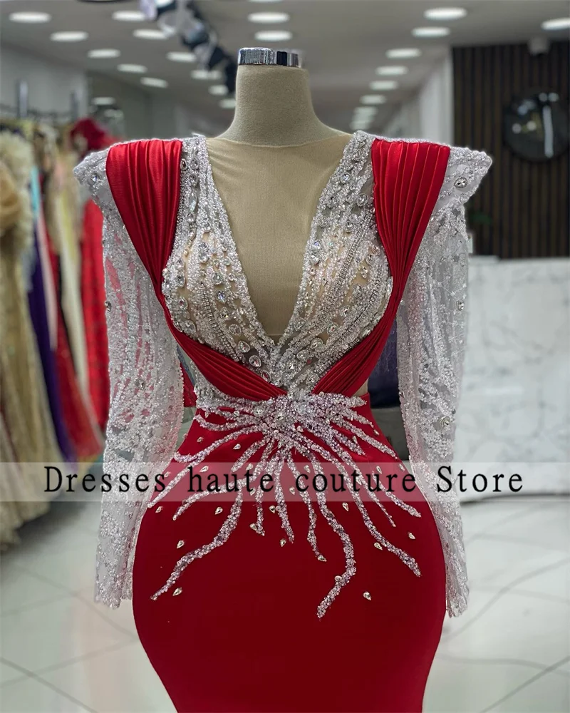 Luxury Red Beaded Lace Long Sleeves Mermaid Arabic Evening Dresses 2024 Elegant Mexican Crystals Dubai Wedding Party Dress