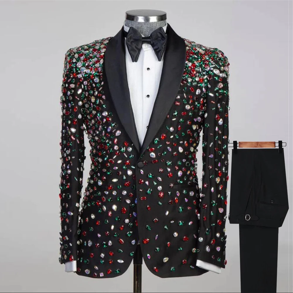 

Luxury Groom Wedding Tuxedos Formal Colorful Stone Beading Suits Men Custom Made Black Satin Label Prom Blazer Sets Male Fashion