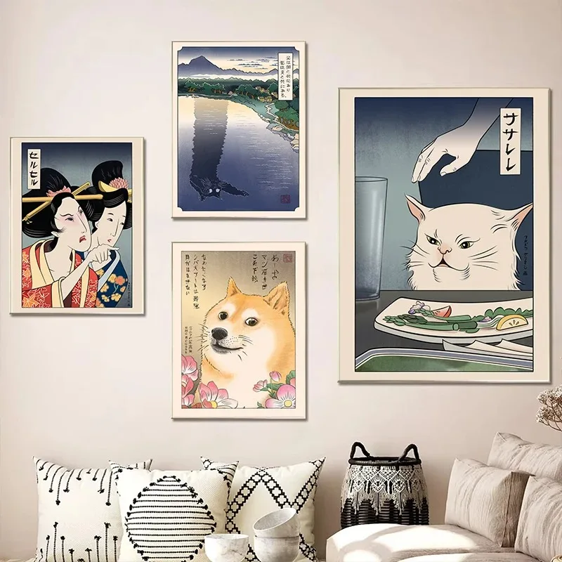 Japanese Ukiyoe Style Poster Print Woman Yelling At Cat Canvas Painting Vintage Longcat Living Room Wall Art Picture Home Decor