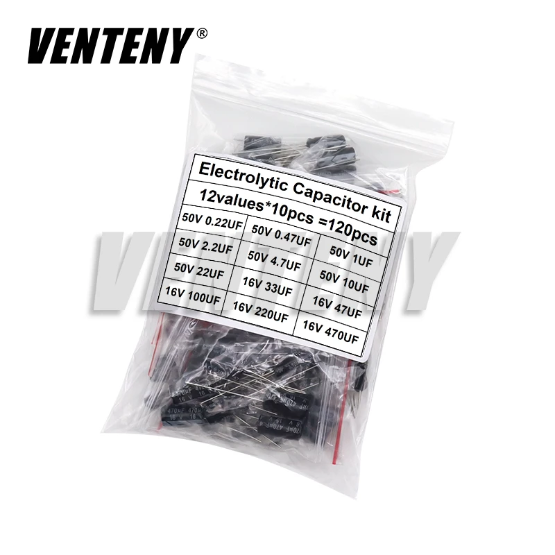 120pcs 0.22UF - 470UF 12Values*10pcs Aluminum Electrolytic Capacitor Assortment Kit Capacitance Pack 0.47UF 10UF 100UF 16V 50V