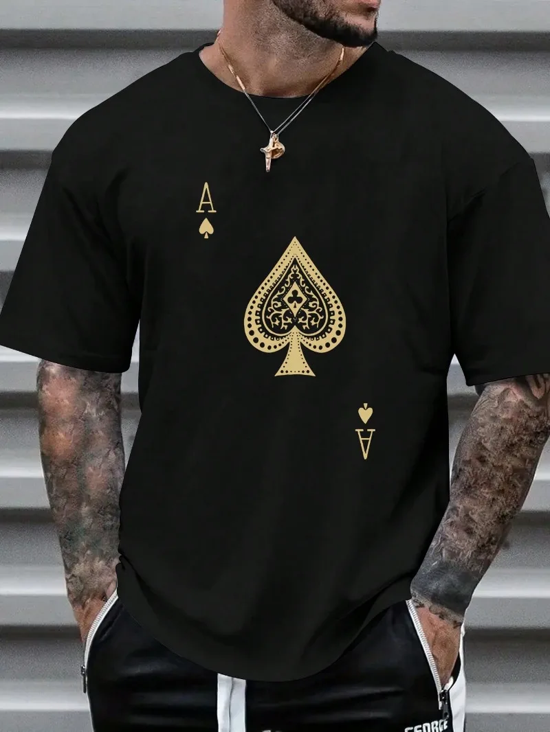 

Men's Crew Neck Casual Short Sleeves, Poker A Print Black T-shirt, Summer Outdoor Street Fashion Men's Tee