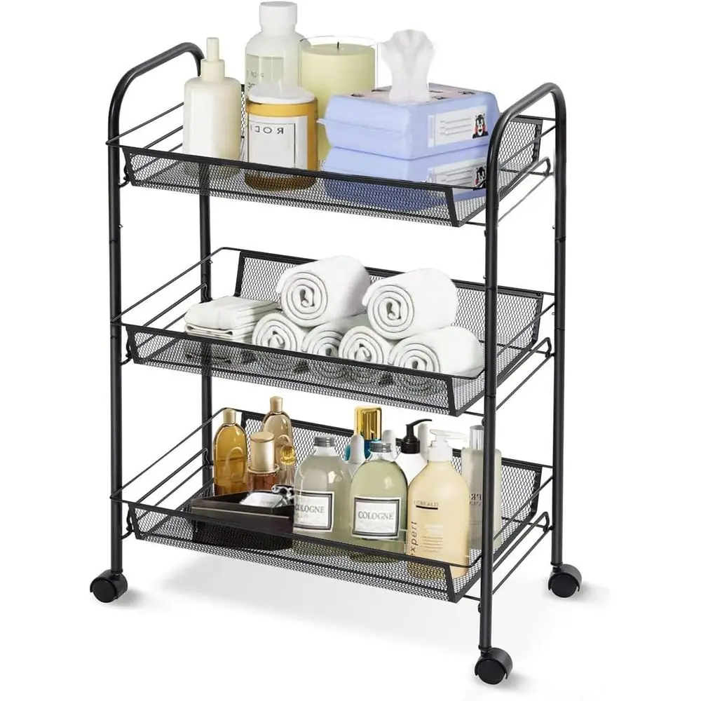 

3 Tier Metal Rolling Cart, Bathroom Organizer Wire with Wheels, Easy Assemble Utility Carts with 4 Hooks, Storage Shelves or Kit