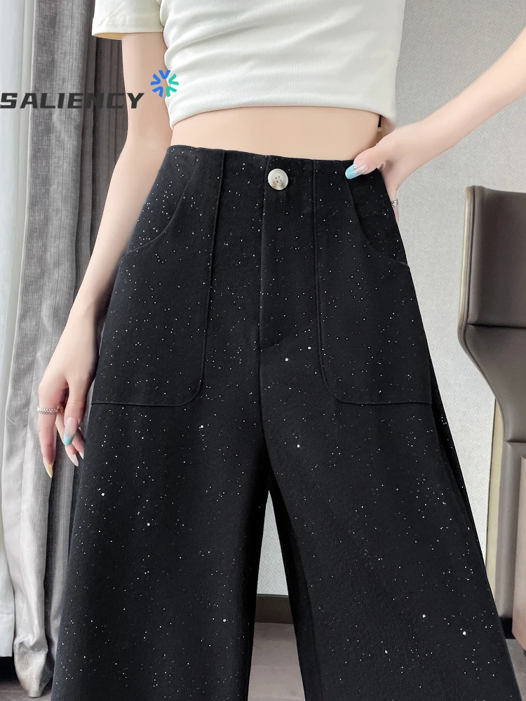 Sequins Ice Silk  Wide Leg Pants Female Summer Korean Fashion Suit Pants for Women Premium Draping Straight Casual Trousers