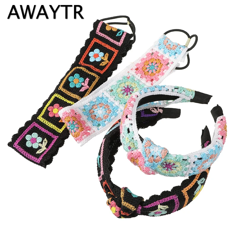 AWAYTR Fashion Flower Knitted Headband Wide Cross Women Hairband Elastic Bow Hair Hoop Bands Bezel Girls Hair Accessories