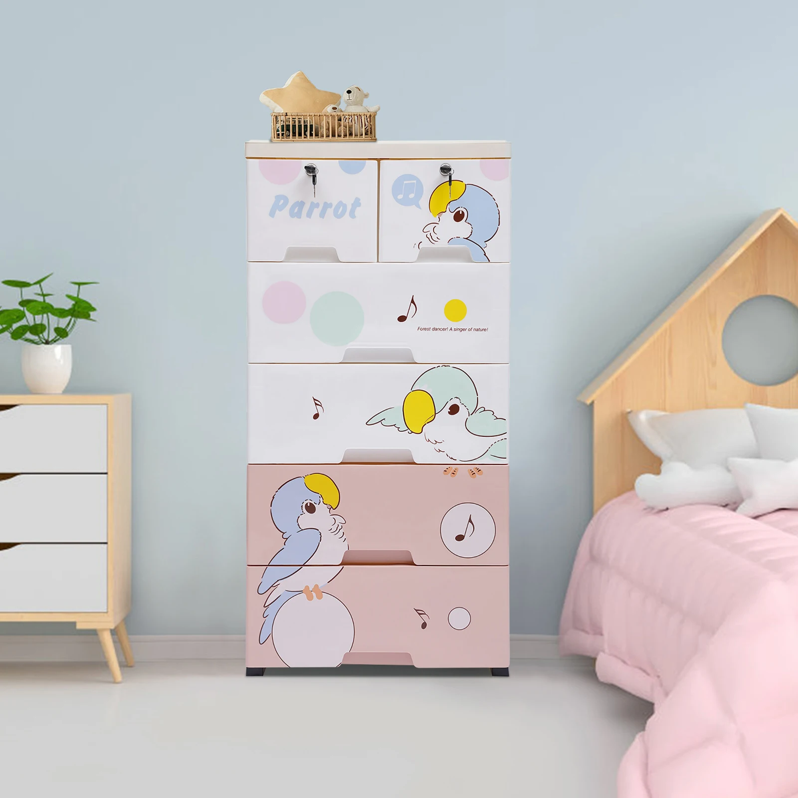 

102cm 5-layer Rolling Storage Cabinet with Locks Modern Plastic Drawers Dresser Clothes Organizer for Bedroom Livingroon