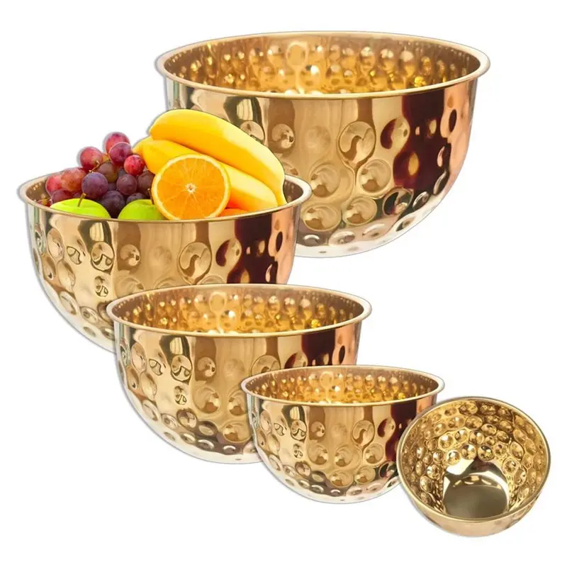 A98E-Metal Hammered Gold For Kitchen Mixing Bowls- 5 Pcs Stainless Steel Set In 1.6 To 4.9 QT Capacities For Cooking, Baking Sal