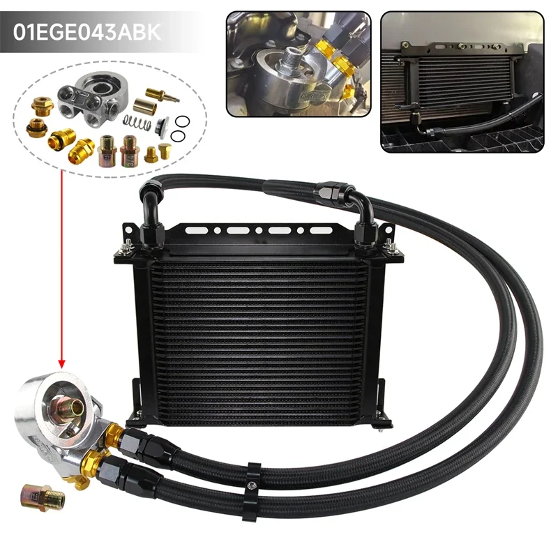 Universal Peformance 28 Row Engine Oil Cooler with 10AN Fuel Hose Bracket & Thermostat Oil Filter Adatper Silver/Black