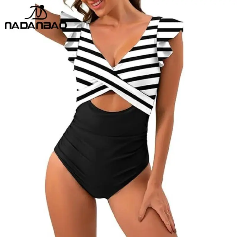 Nadanbao Fashion Elegance One-Piece Swimsuit Women Plicated Bikini Female Hollow Out Backless Flounce Beach Party Swimming Suit