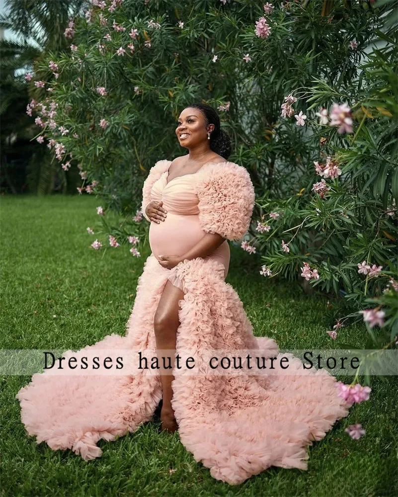 Pink Tulle Pregnancy Dress 2025 For Photo Shooting Organza Ruffle Pregnant Women Dresses Maxi Maternity Gown Customized