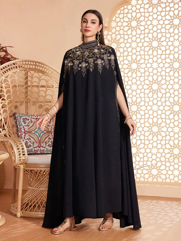 

TOLEEN 2024 Luxury Elegant Arabian Eid Party Evening Long Dresses Fashion Women Stand Collar Cape Sleeve Embroidered Maxi Dress