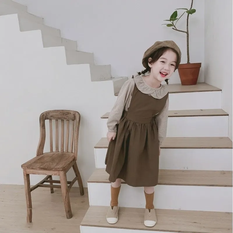 مجموعة ملابس الفتيات الربيعية لعام 2025 قميص بياقة الدمية منقوش + فستان بكتافة أطقم ملابس للأطفال جديدة للأعمار من 3 إلى 7 سنوات #4