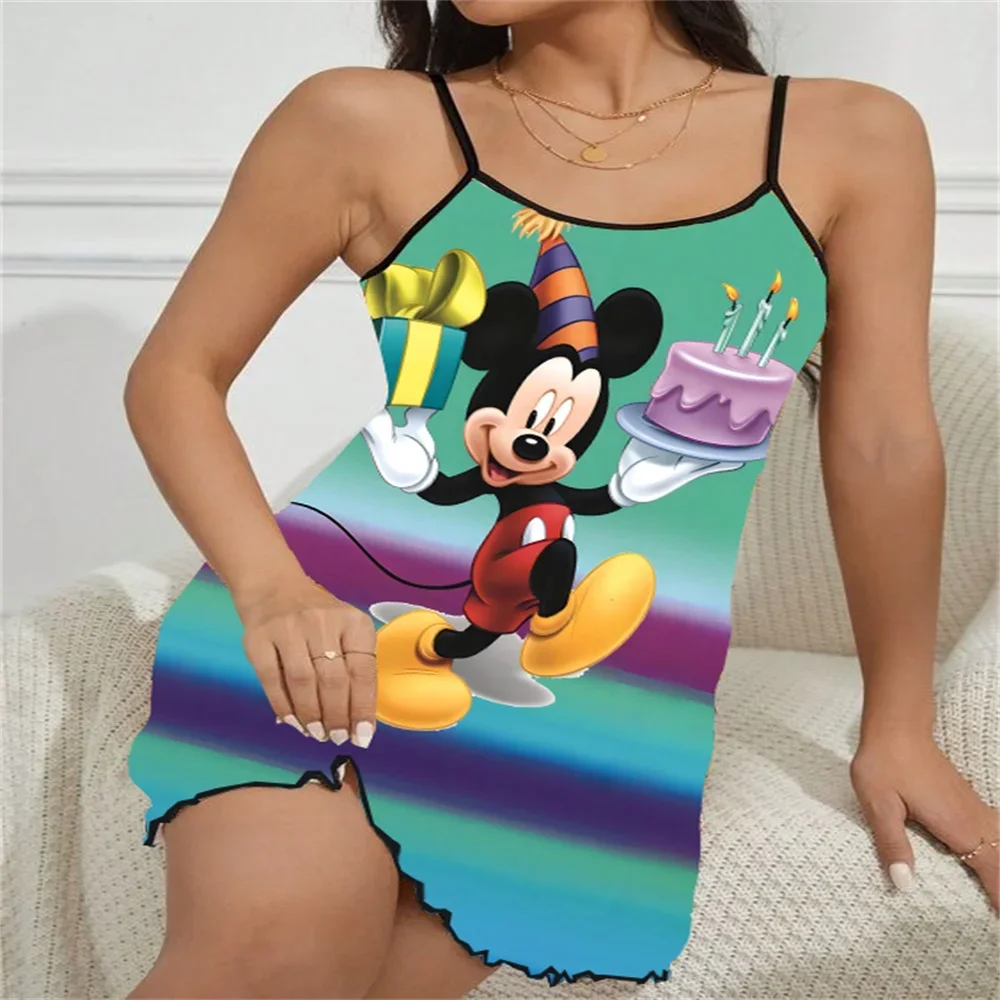 

Sexy Chic Sleeping Dress for Women Disney Cartoon Pattern Print Women's Nightwear Sleeveless Ruffled Edge Design Female Pajama