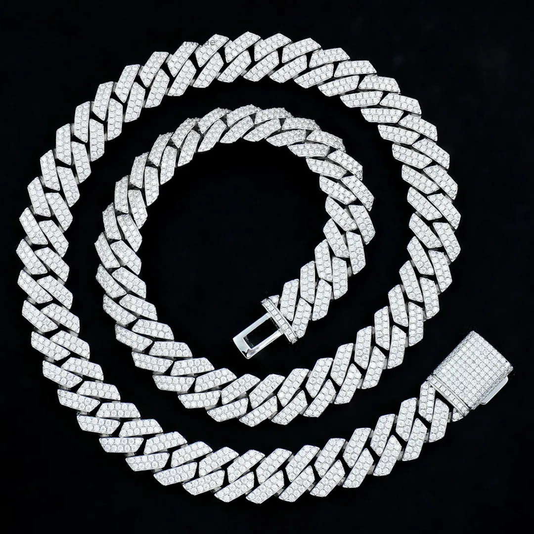925 Men's Silver Jewelry White Gold Yellow Gold Plated Brilliant Cut Moissanite Necklace 14mm Angled Style Cuban Link Chains.
