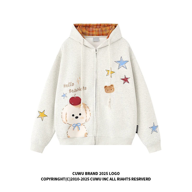 Bluza z kapturem w amerykańską kratę z nadrukiem misia, rozpinana, damska/męska, luźna, w stylu casual, odzież wierzchnia na sezon jesieni.