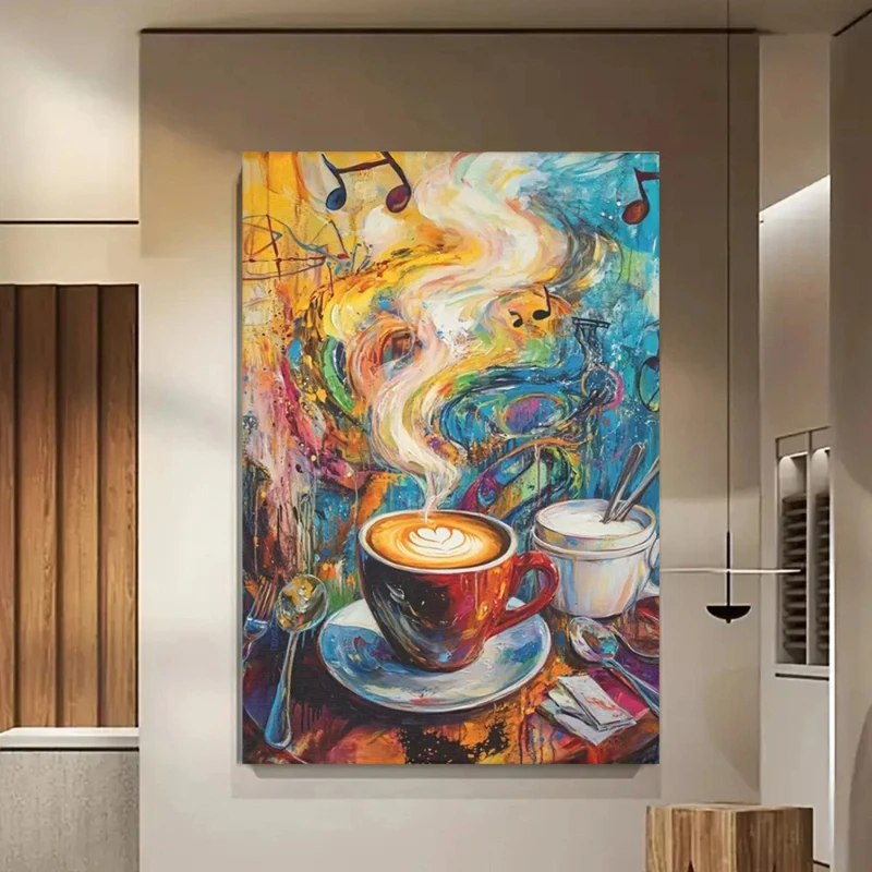 Large-sized frameless canvas paintings,Coffee Musical Notes Poster Prints Modern Abstract Graffiti Art Canvas Painting Wall Art