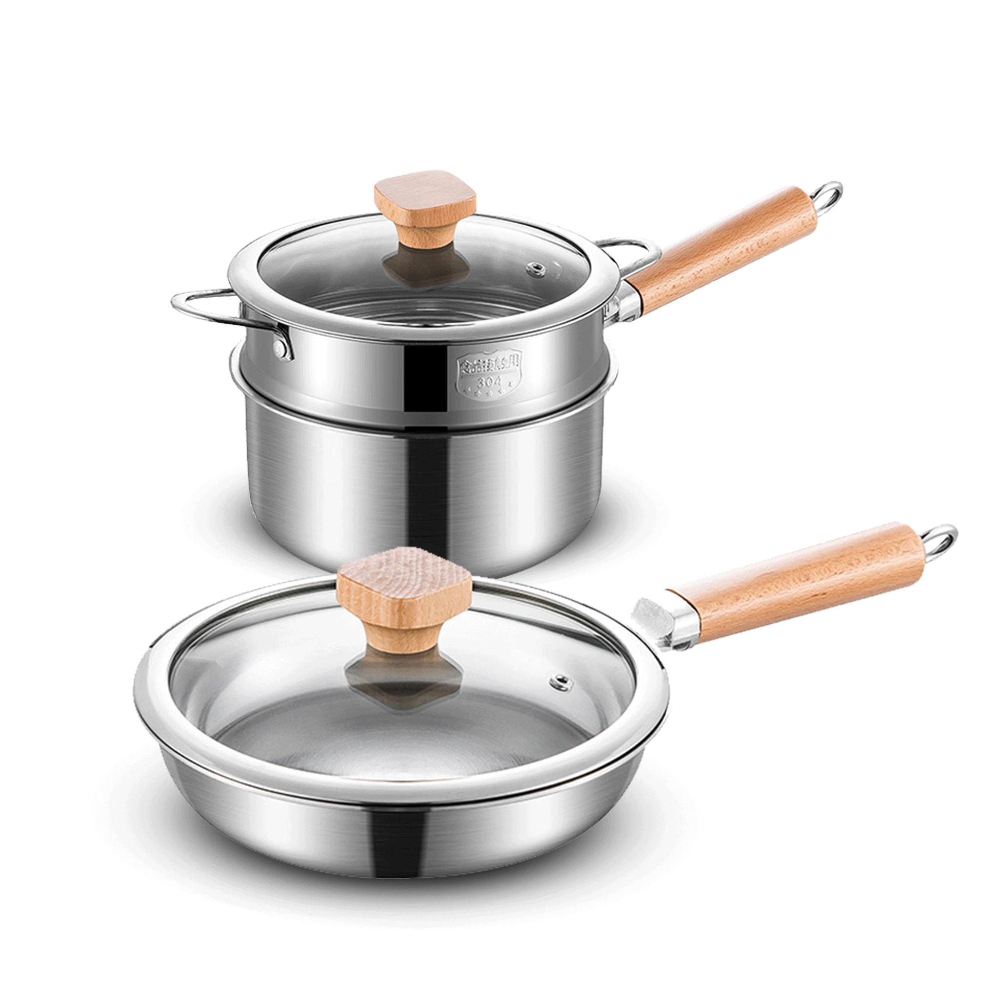 

Kitchen Soup Pot Frying Pan Set Stainless Steel Baby Cookware Set Milk Pot with Wooden Handle