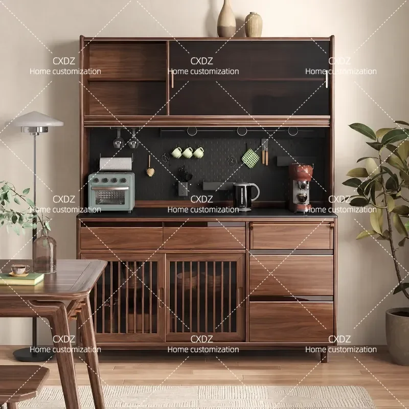Modern Black Walnut Side Cabinet High Storage Unit Simple Multi Functional Wine Cabinet Integrated Wall Mounted Restaurant