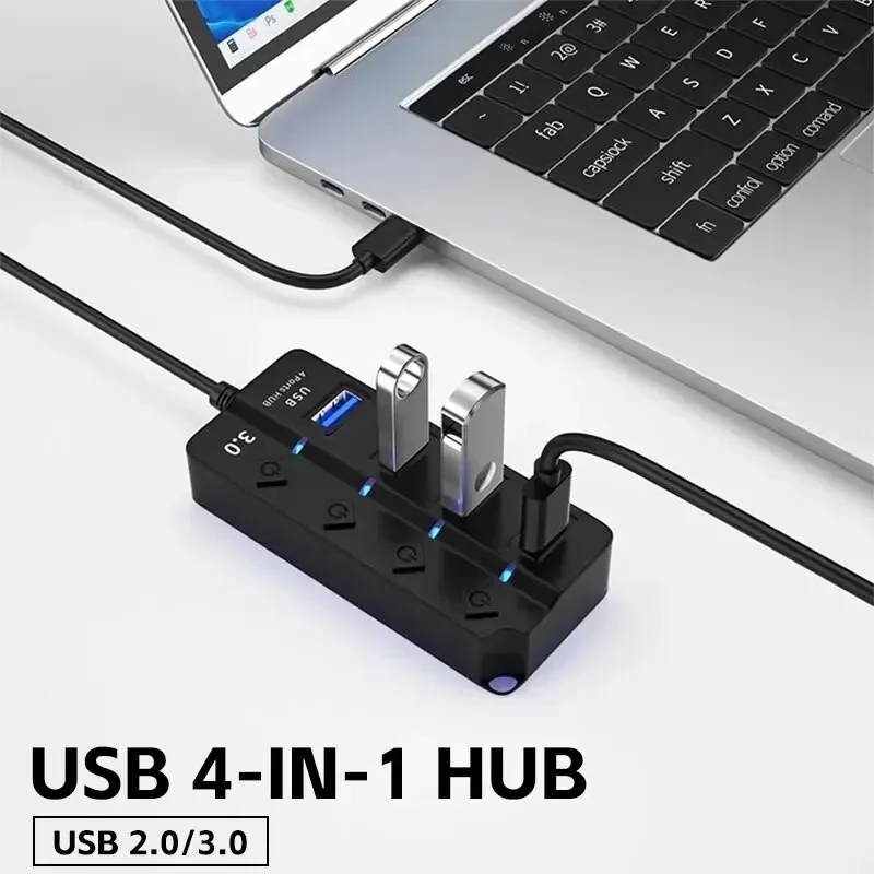 

HUB USB3.0 USB Splitter 2.0 4-in-1 USB Adapter Multi-Port Independent Power Switch Extender 30CM Cable