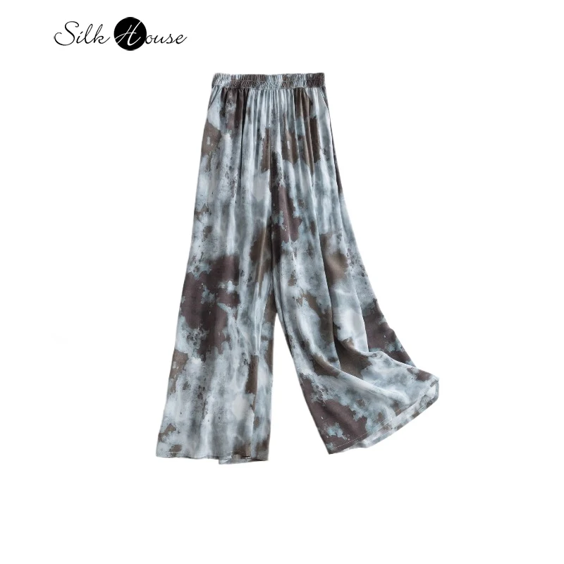 

Women's Summer New Style Denim Style 100% Natural Mulberry Silk 03 Crepe De Chine Versatile Casual Wide Leg Pants