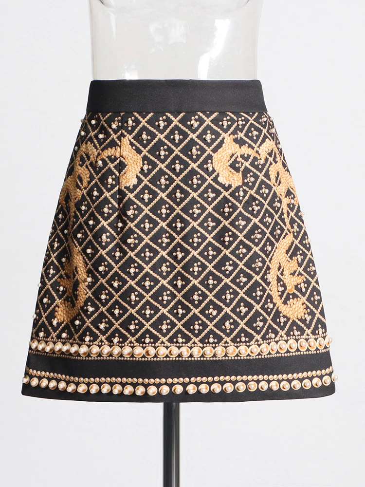 TWOTWINSTYLE Elegant Colorblock Printing Mini Skirt For Women High Waist Patchwork Pearls Temperament A Line Skirts Female New