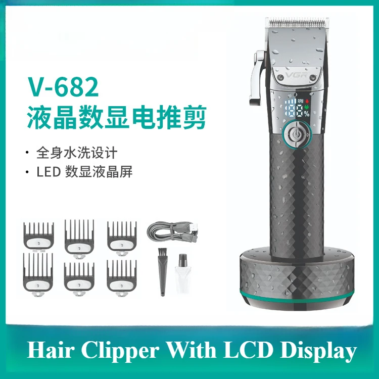 Professional Hair Clipper VGR Long Lasting Rechargeable Electric Trimmer With LCD Display Base High Power Haircut 682