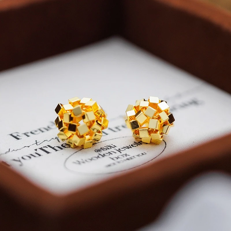 Real Kt18 Gold Color Broken Gold Block Earrings for Women Girlfriend Wedding Birthday Fine Jewelry Stud Earring Gifts