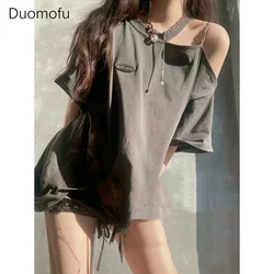 Duomofu Korean Streetwear Y2k T-shirts Women Harajuku Fashion Off Shoulder Irregular Short Sleeve Top Oversize Drawstring Tee