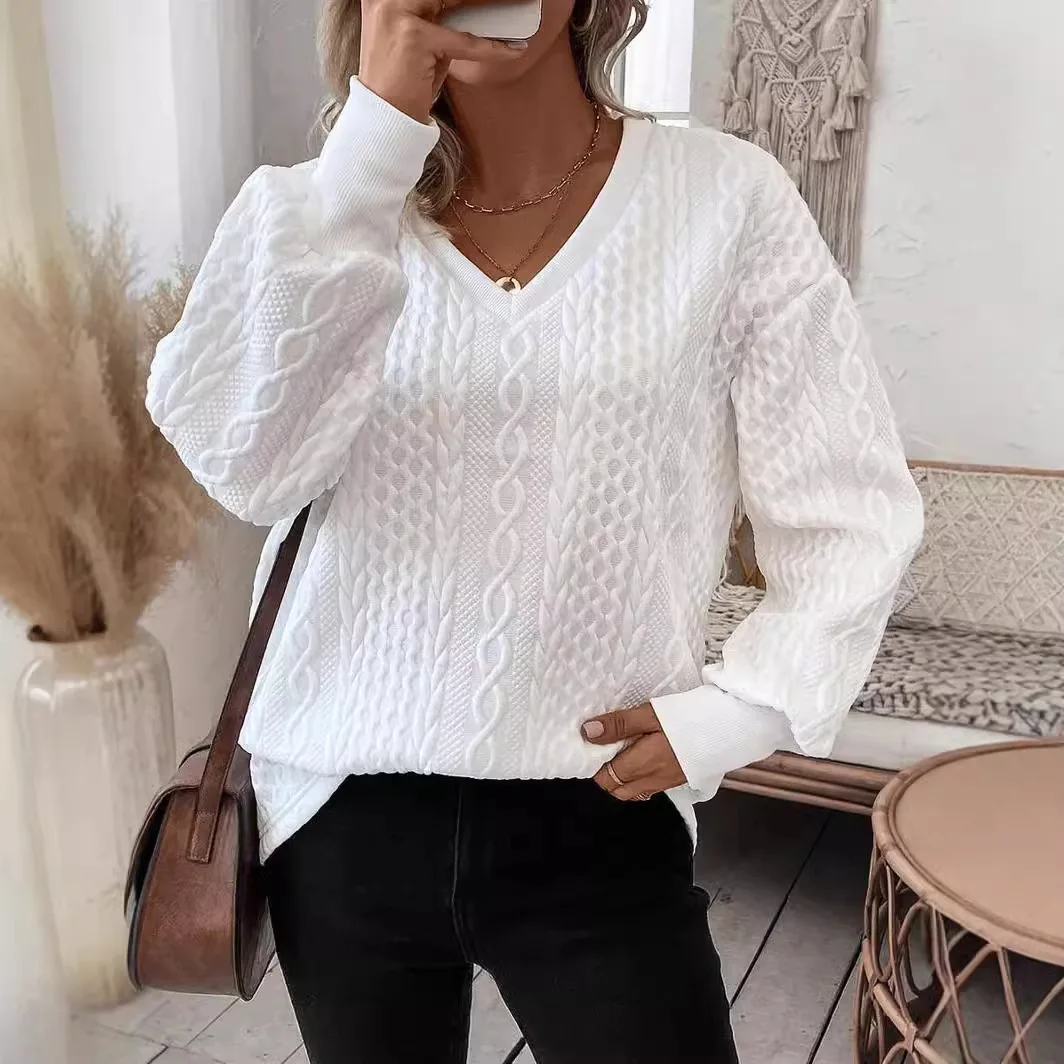 

Autumn Loose-fitting Long Sleeve V-neck Women's Pullover White Knitwear Stylish Female Sweaters Warm Twist Pattern Lady Jumpers