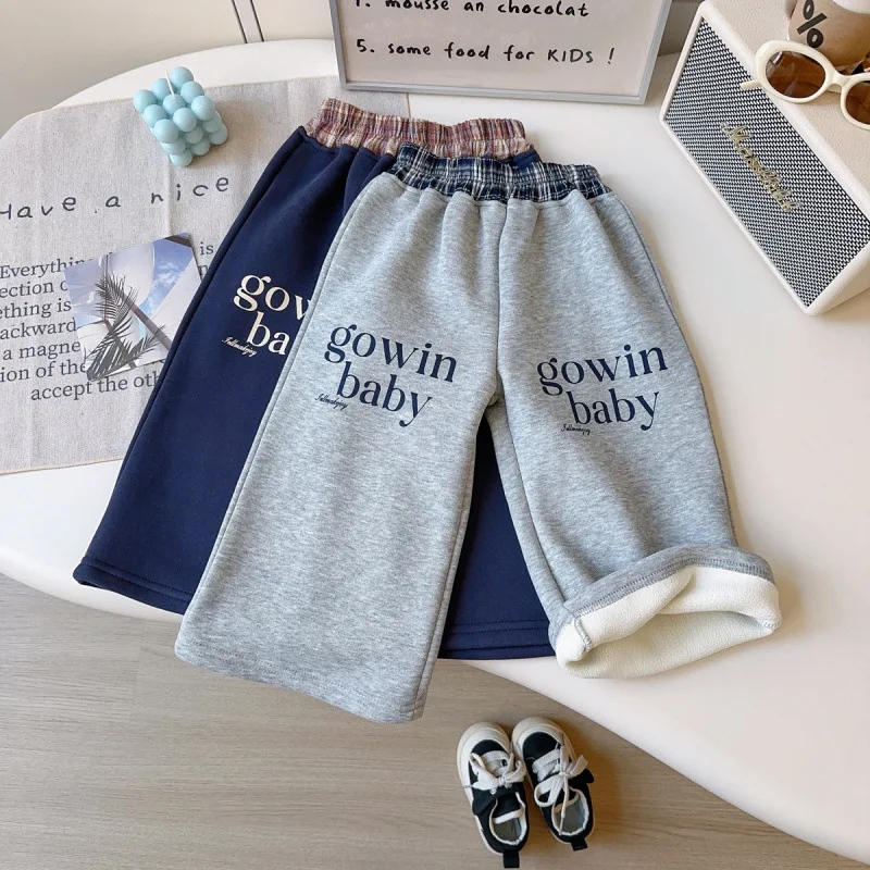 

2025New Winter Baby Girl American Style Fashionable Warm Fleece Loose Casual Sports Pants