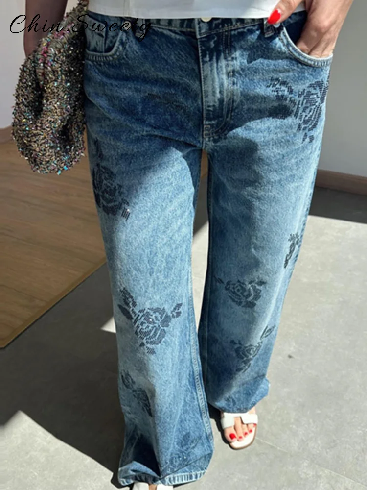 Mode Strass Gedrukt Denim Broek Vrouwen Solid Hoge Taille Rechte Wijde Pijpen Jeans 2025, Lente Zomer Dame Streetwears Nieuw