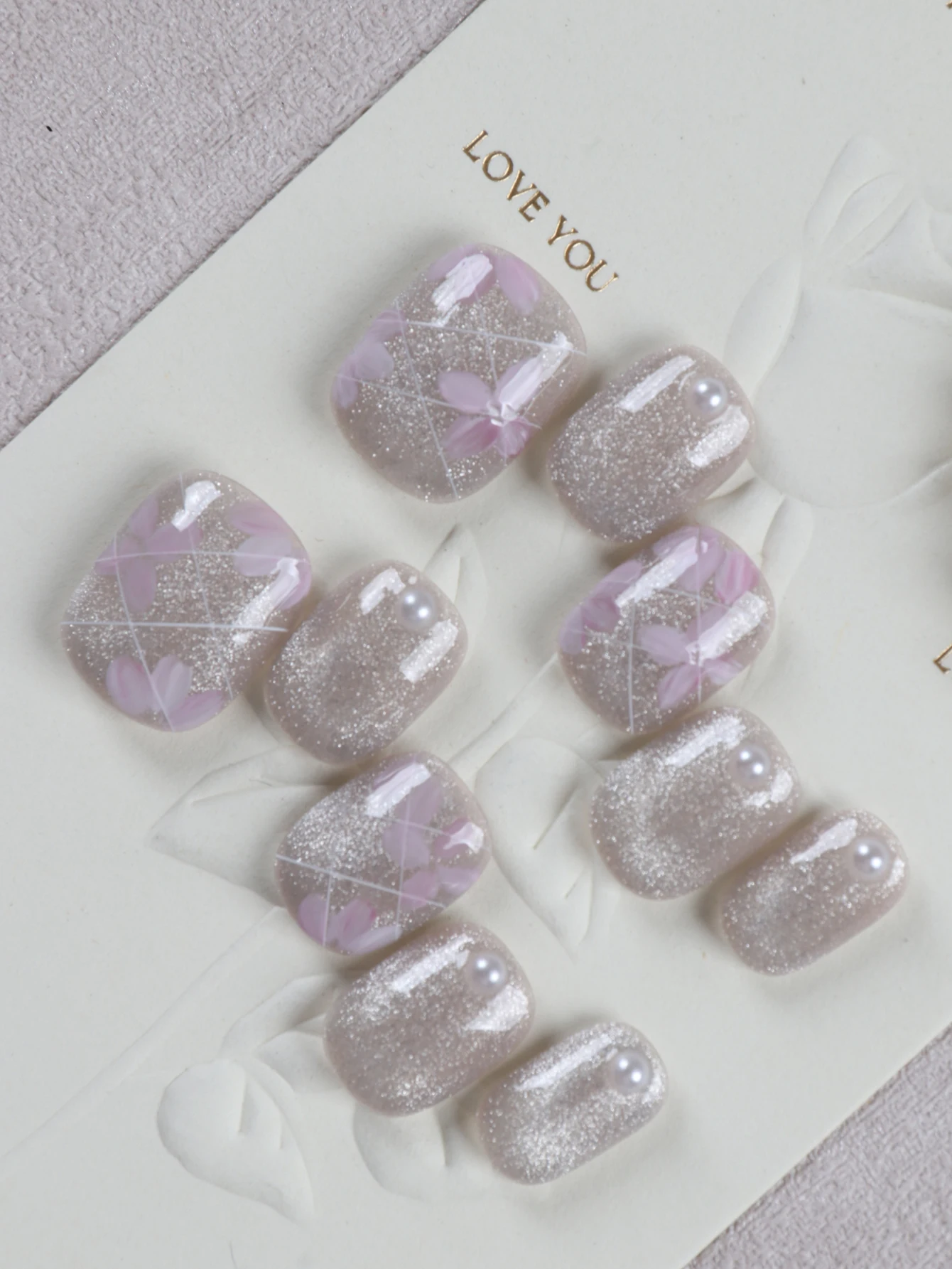 10Pcs Press on Nails  short White cat eyes purple flowers nail art Fake Nails Includes 1 Sheet Adhesive Tabs & 1 Pc Mini File