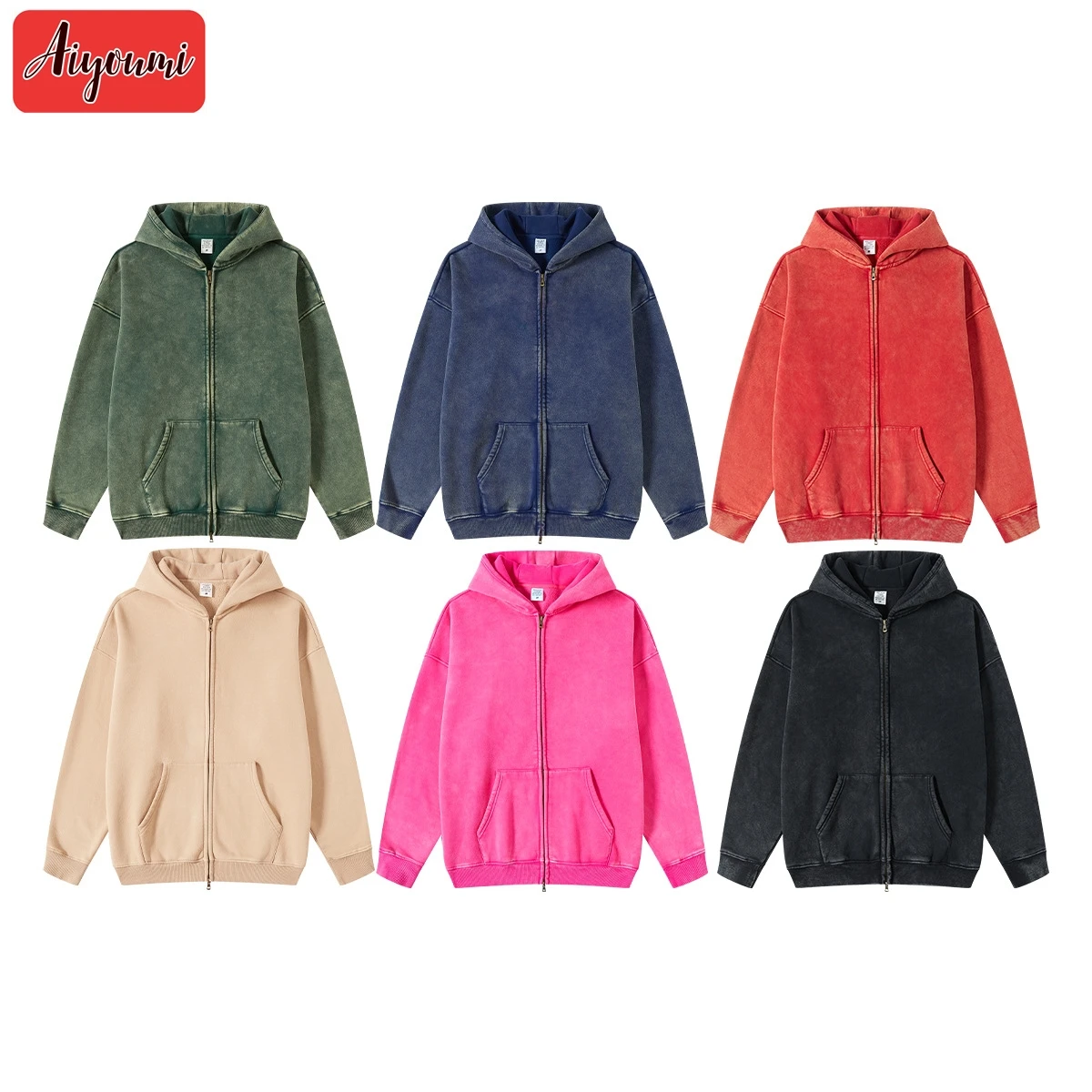 Dressed in Europe and America, fashion brand washed sweater hooded cardigan retro plus velvet double zipper sweater man