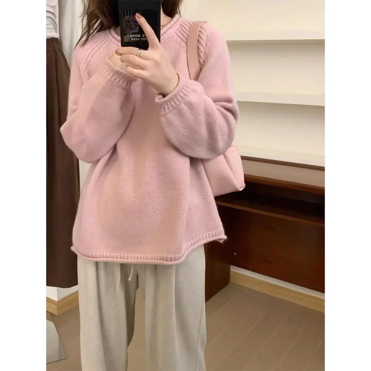 

Women's Pullover Sweater Autumn New Arrival Polyester Fiber round Neck Long Loose Lazy Style Retro Pure Color Korean System